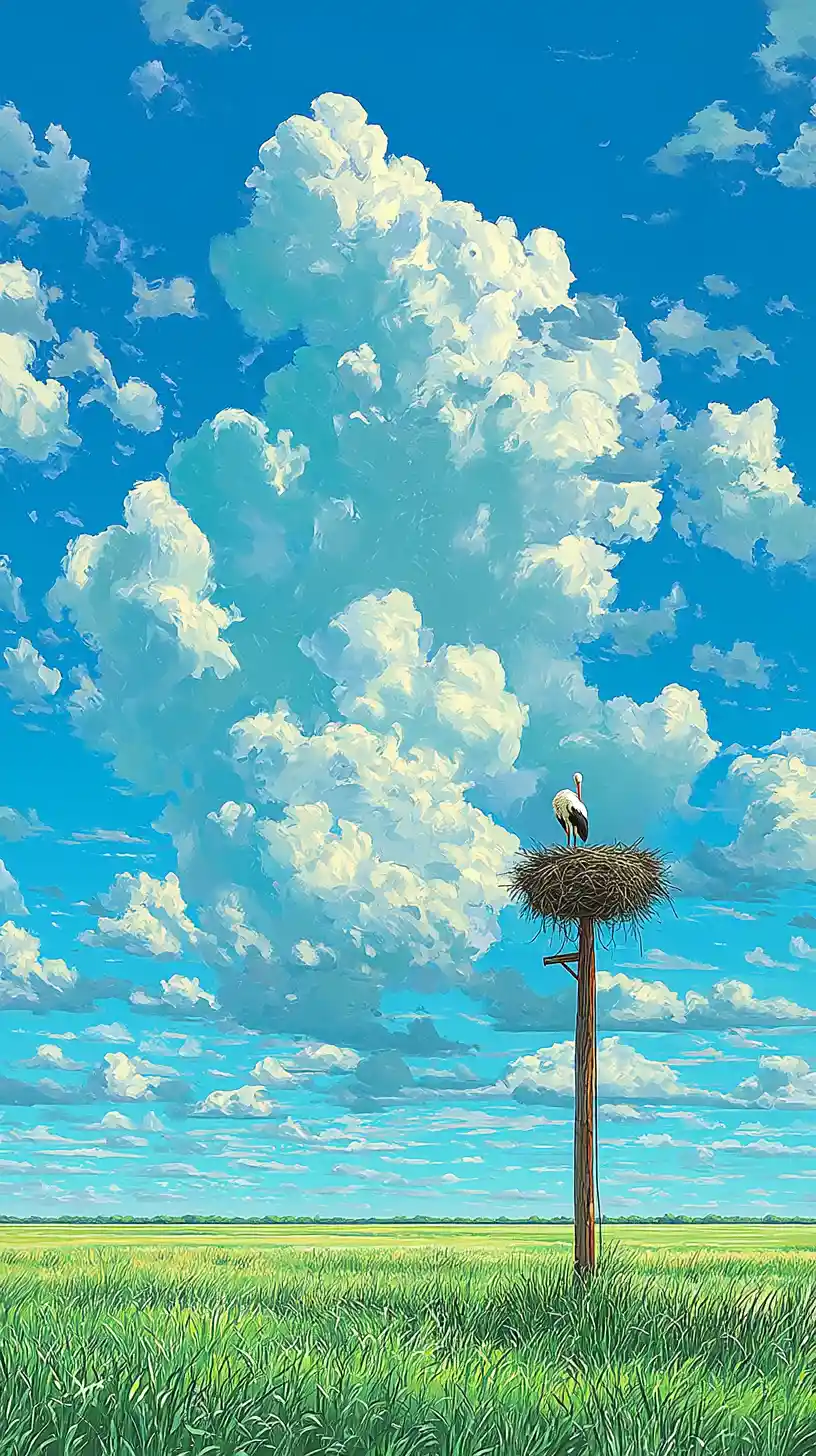 Stork On A Nest Above A Pole In A Vast Green Field