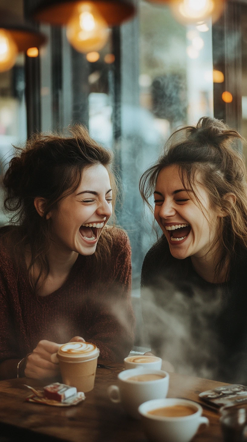 Two women laughing together at a cozy cafe table