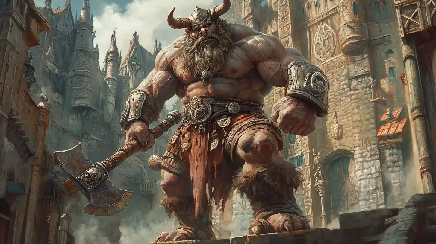 Regal troll king with axe before a grand stone castle