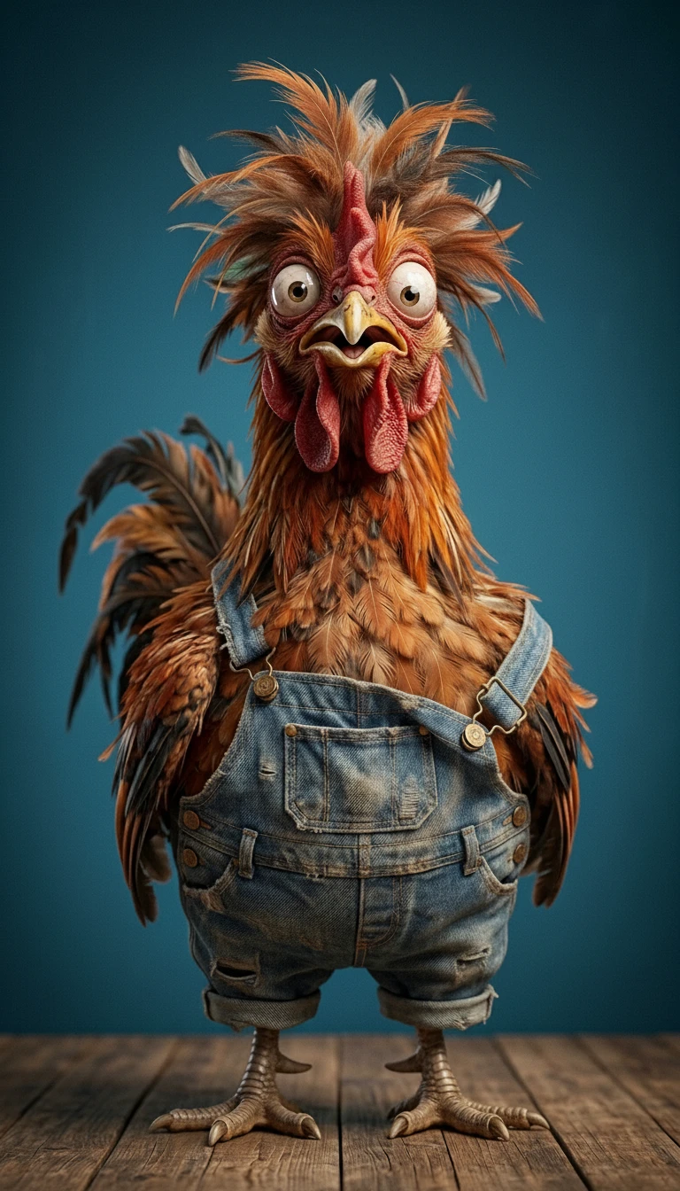 Whimsical 3d rooster character in denim overalls portrait