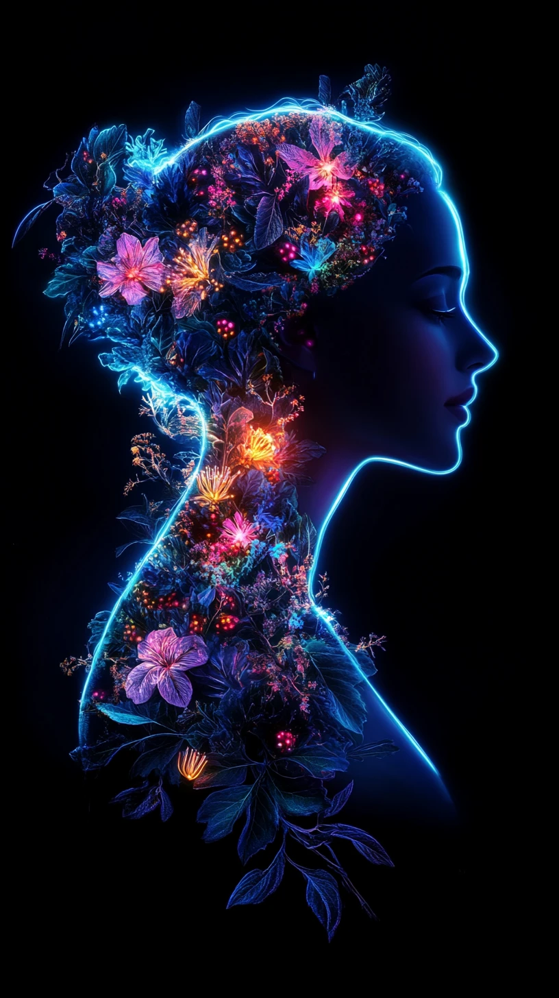 Neon floral female silhouette in glowing botanical profile