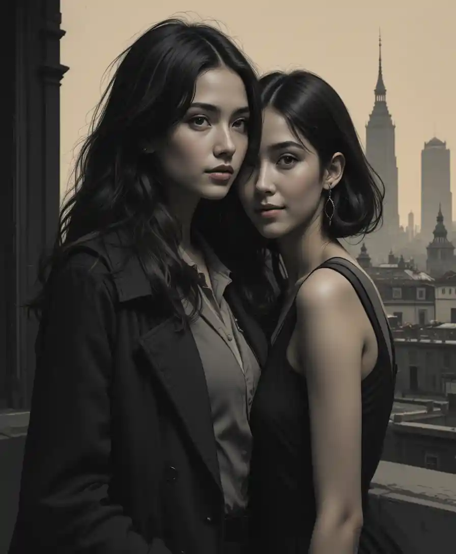 Deux jeunes femmes dans un portrait urbain dramatique au fusain