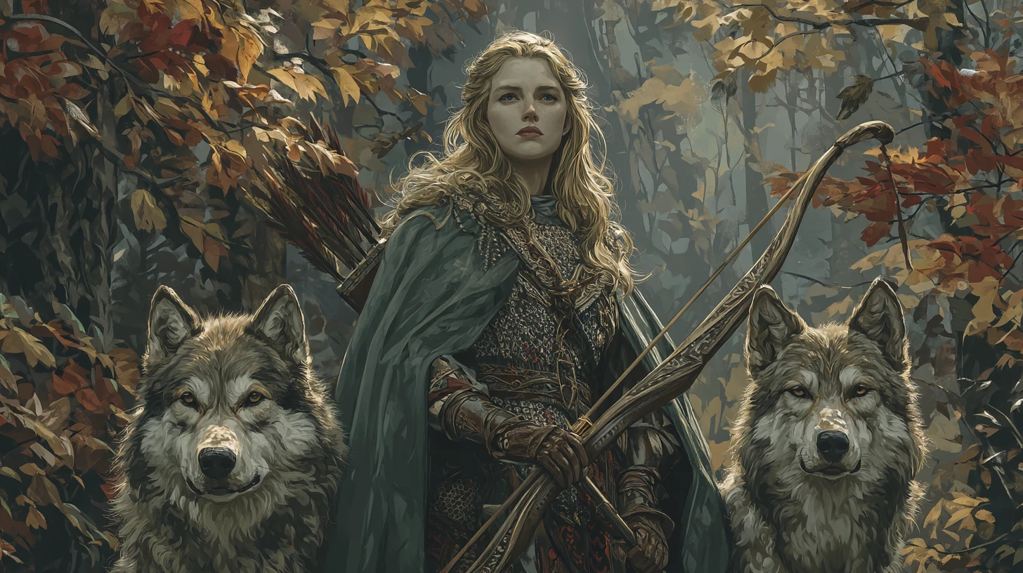 Huntress in chainmail with hounds in misty autumn meadow