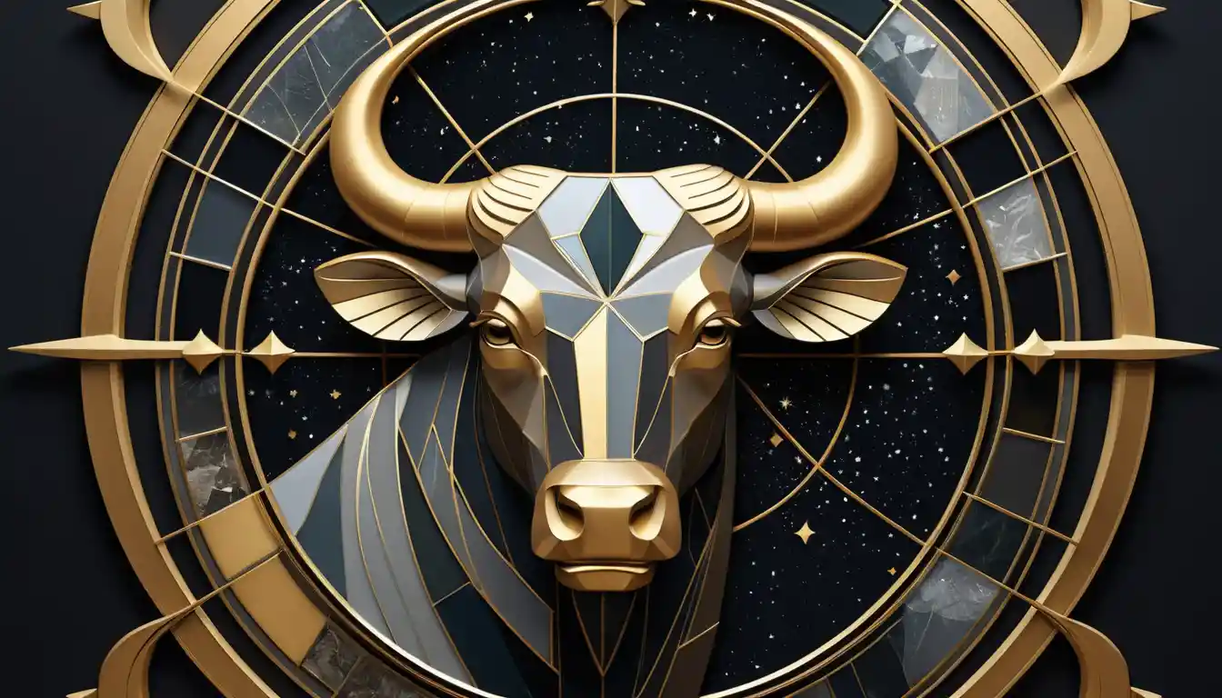 Goldenes Stier-Sternzeichen-Emblem vor abstraktem geometrischem Nachthimmel