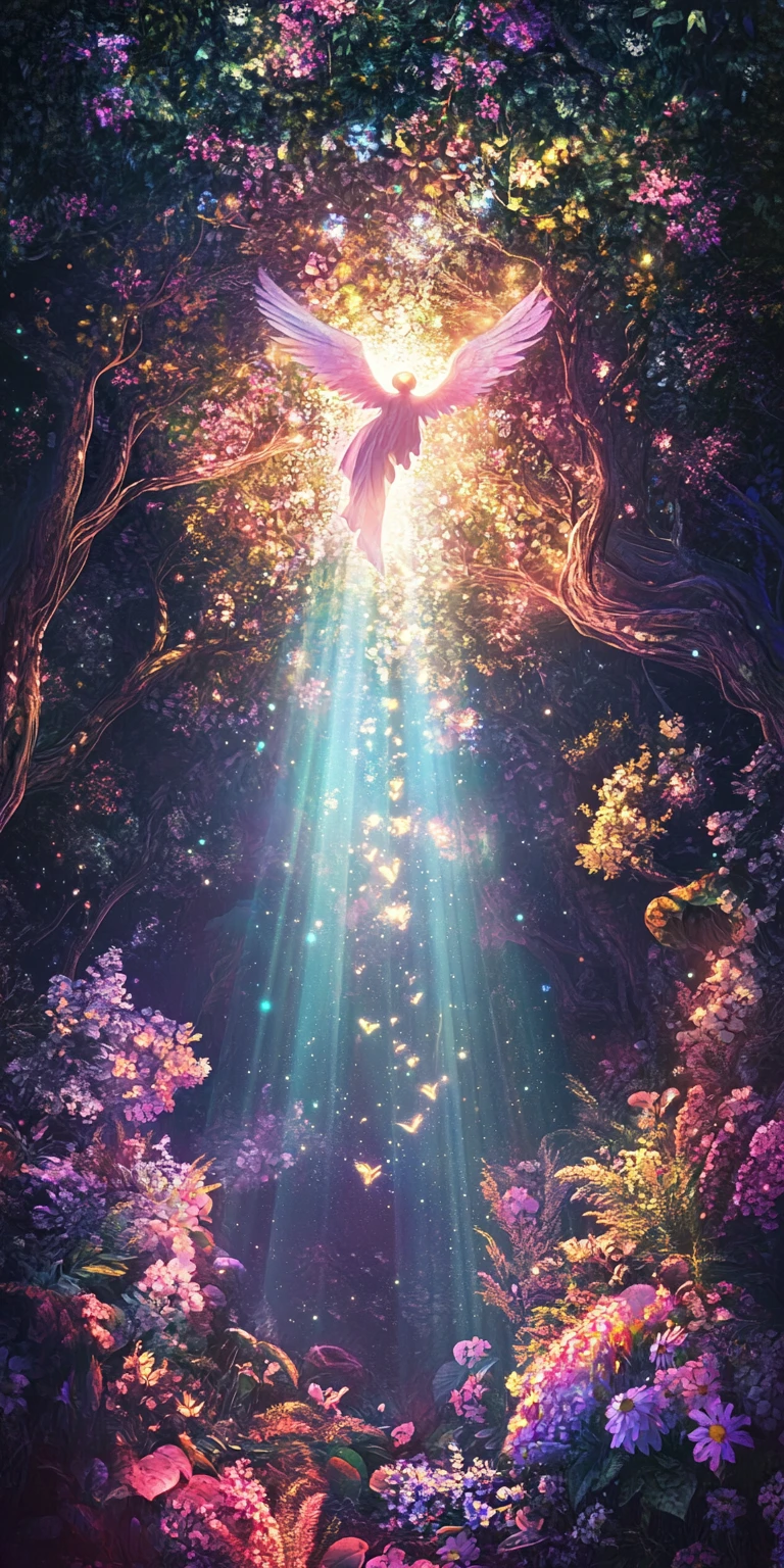 Angel descending in light into an enchanted twilight forest
