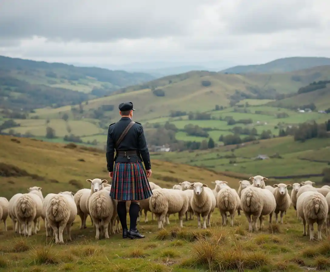 Scotsman In Kilt Overlooking Sheep On Rolling Green Hills