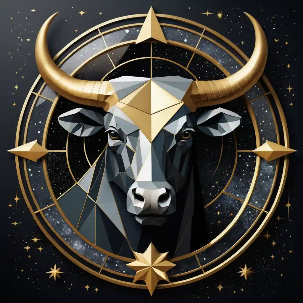 Golden taurus zodiac emblem on abstract starry background