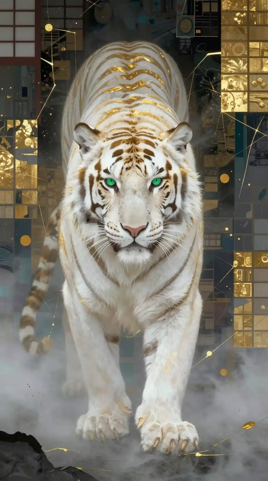 Tigre bianca mitica dagli occhi verdi nella nebbia dorata