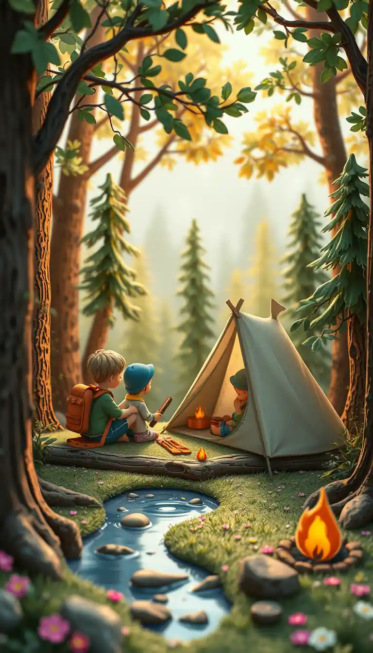Kinder beim Zelten im blühenden Wald im Knetmassen-Stil