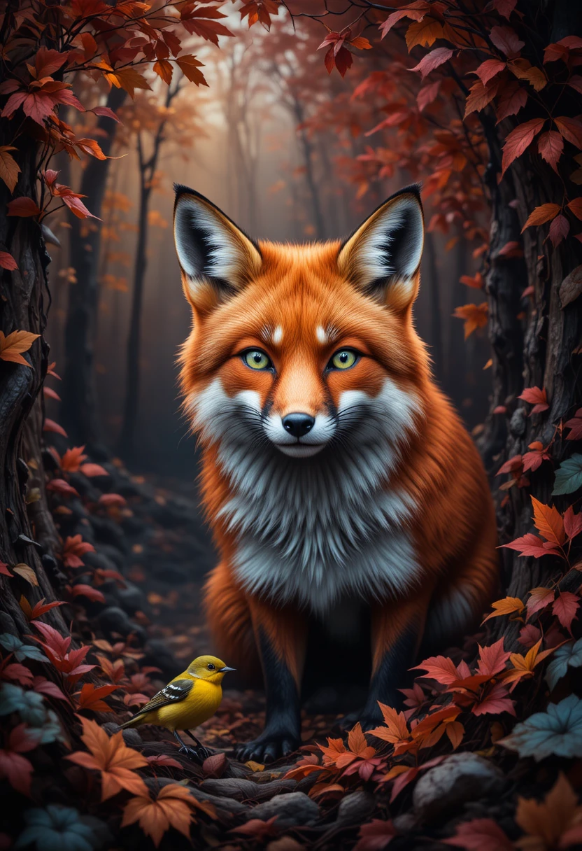 Bright fox close up with spiral autumn forest background