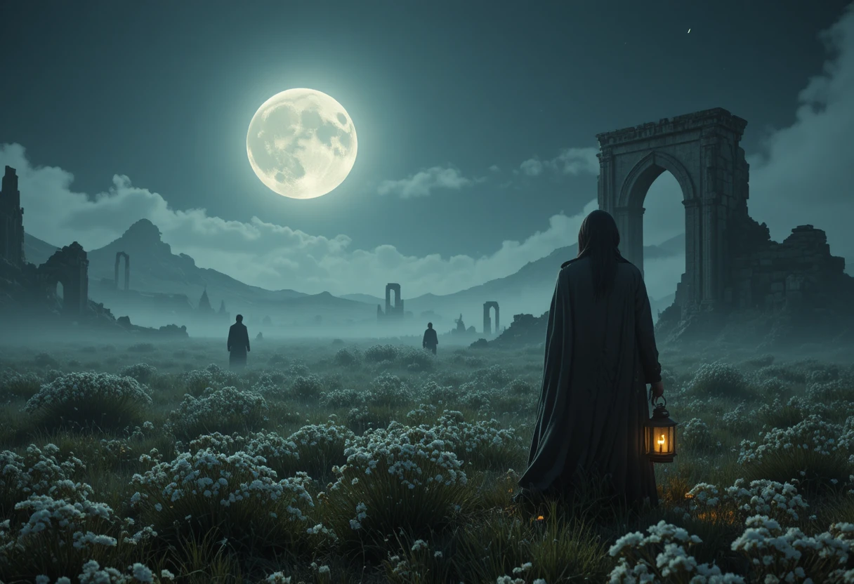Lone wanderer under a glowing full moon in misty ruins