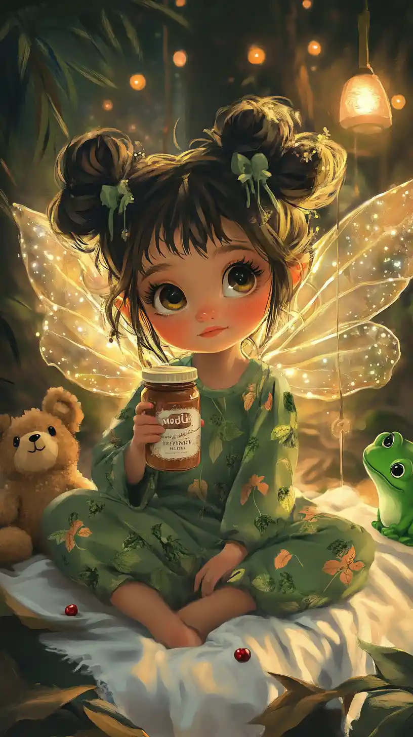 Cute fairy girl snacking in a cozy forest bedroom