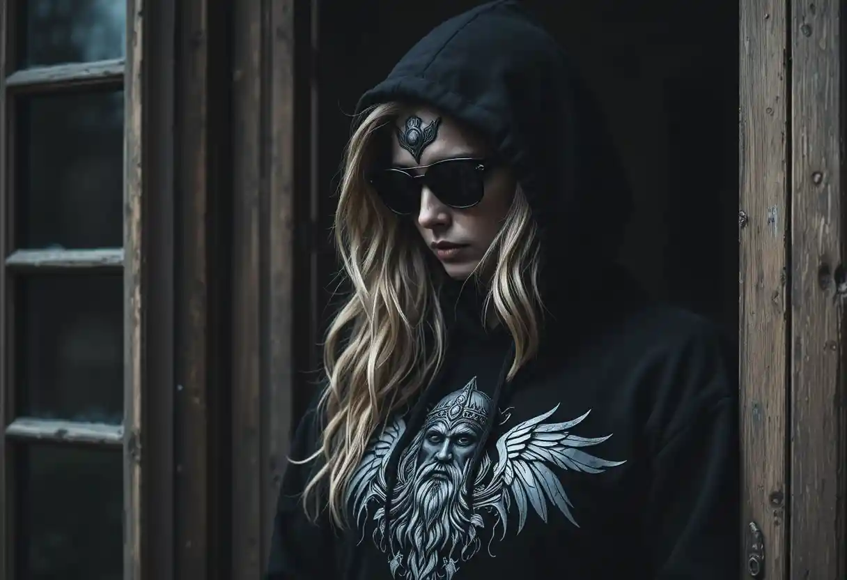 Hooded woman in shadows with odin raven hoodie design