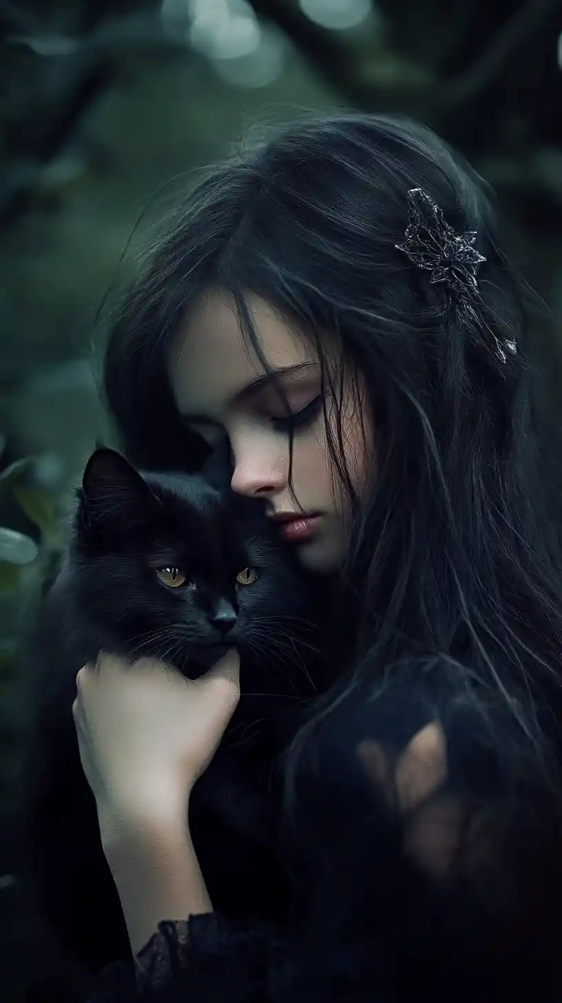 Chica de pelo negro sosteniendo un gato negro en un bosque oscuro