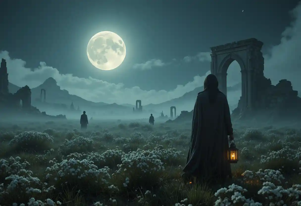 Lone wanderer under a glowing full moon in misty ruins