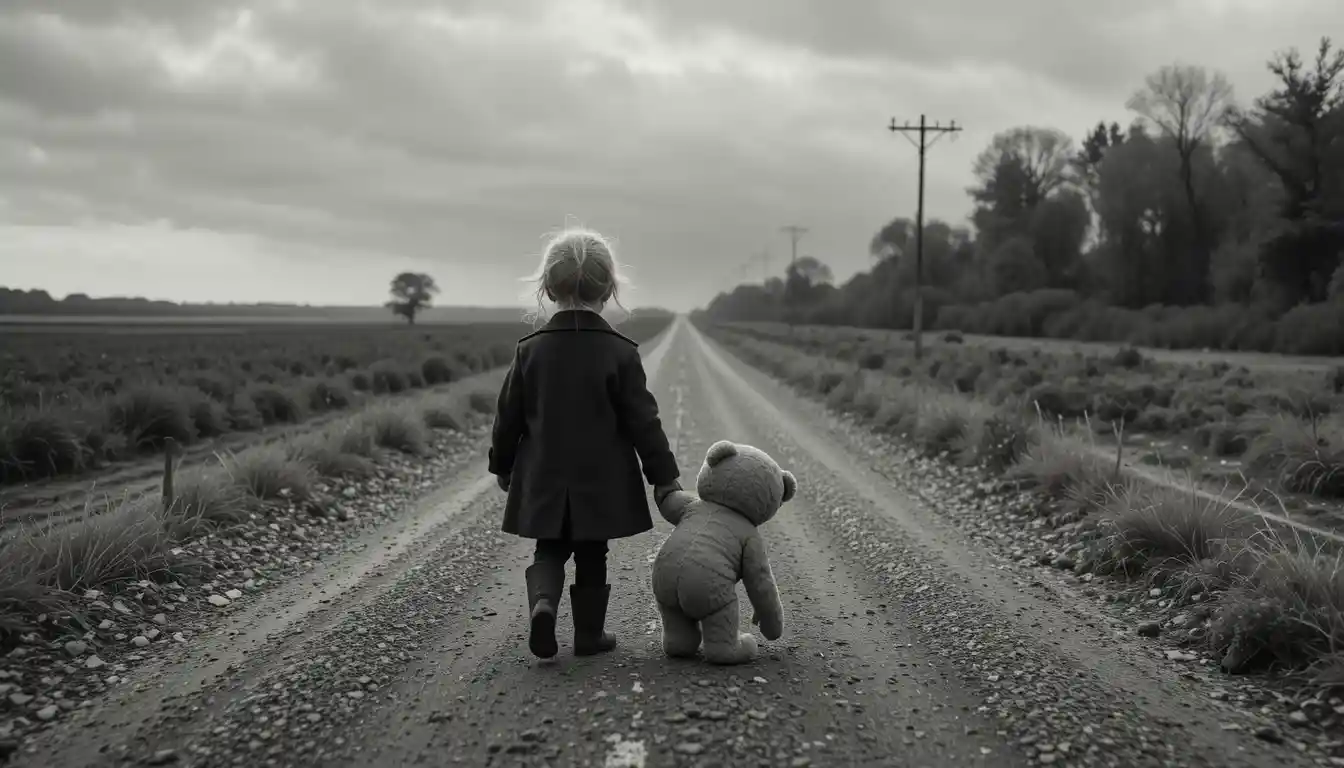 Little girl dragging teddy bear along empty gravel road