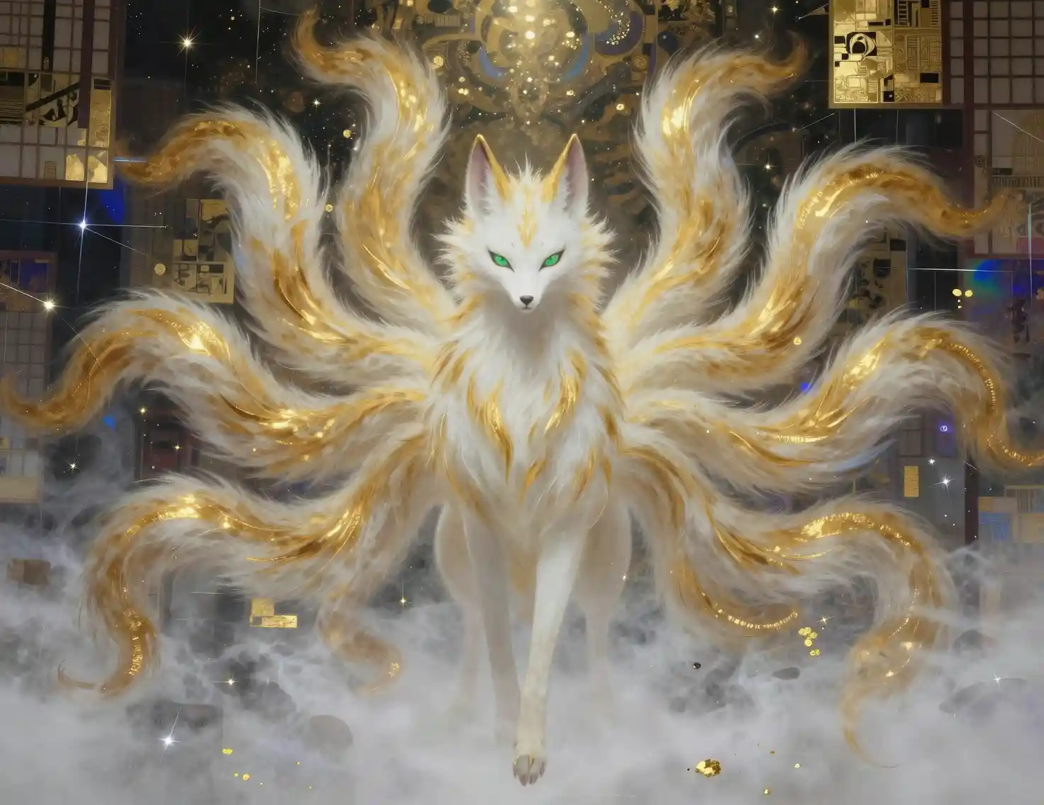 Mythical kitsune with nine golden tails in misty silence