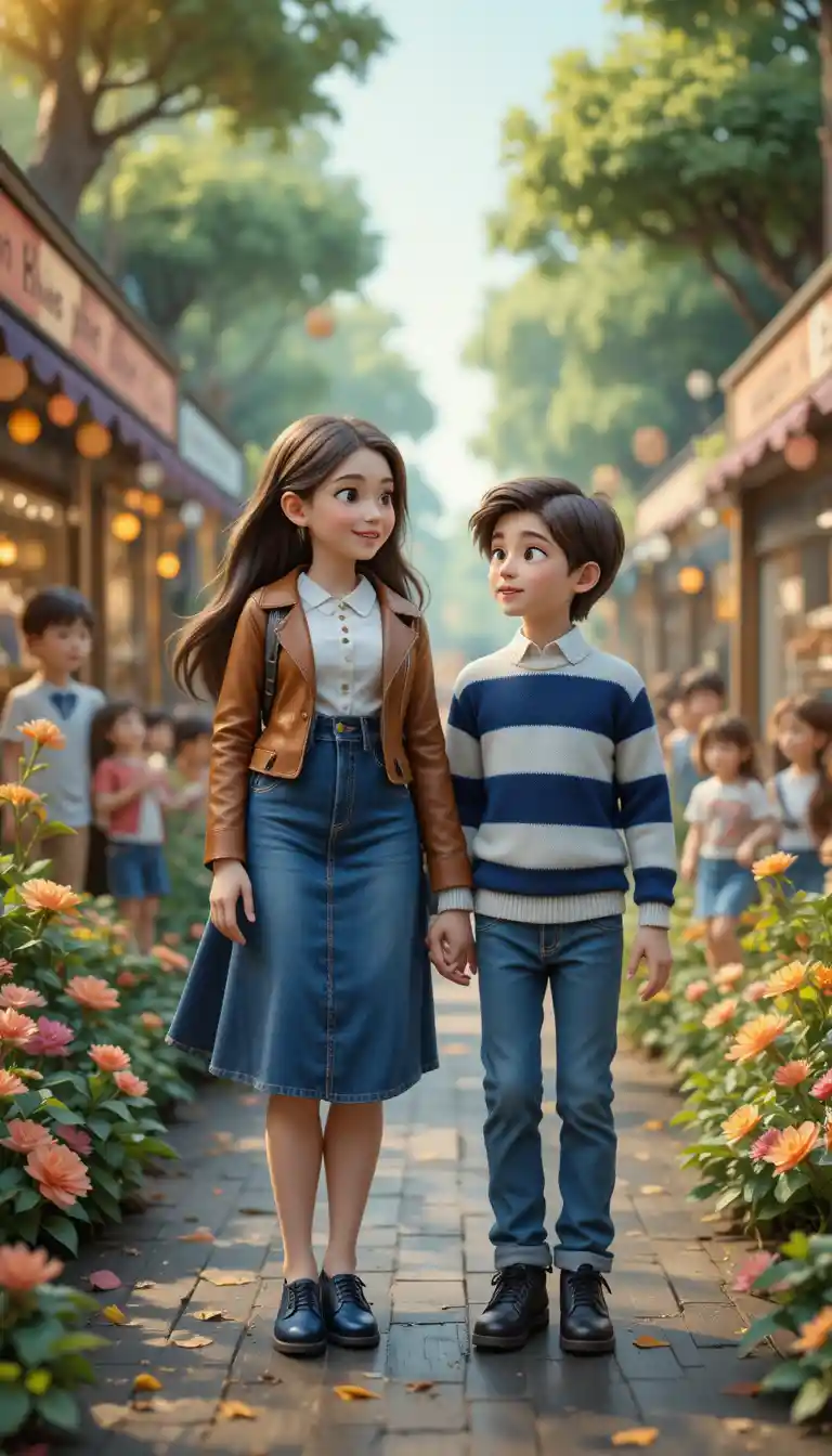 Tall girl and small boy friends on a city street