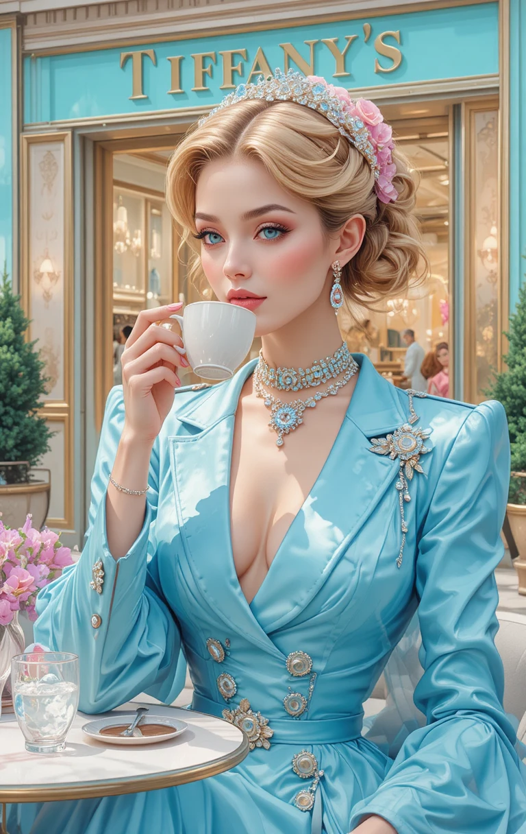 Mujer elegante con conjunto azul pastel tomando café al aire libre