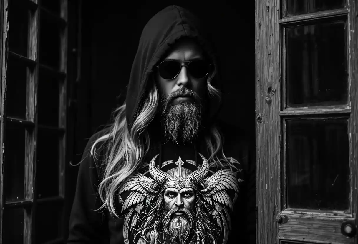 Hooded woman in shadows with silver Odin raven graphic