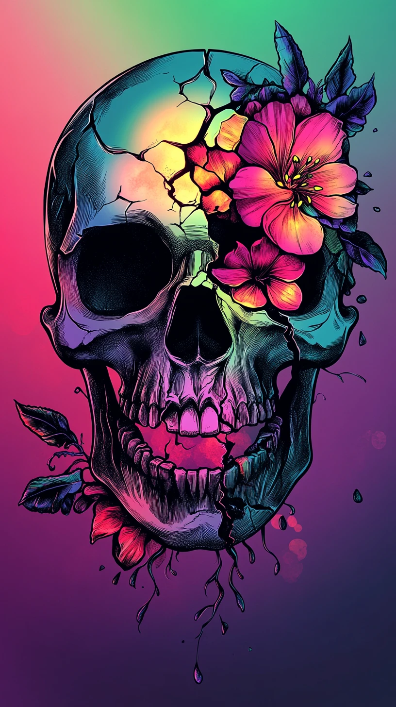 Surreal skull opening with glowing flowers and rainbow light
