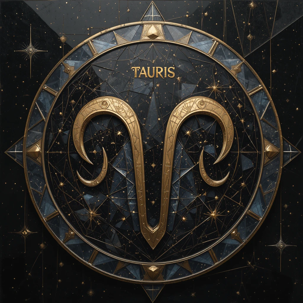 Golden Taurus zodiac emblem on abstract cubist starry background