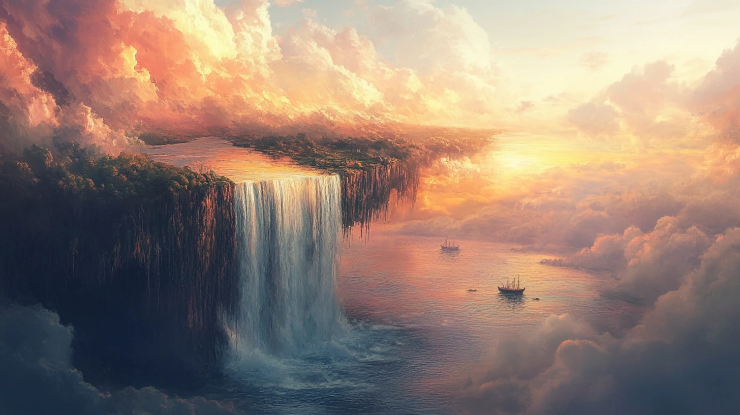 Surreal lake waterfall spilling into an endless void