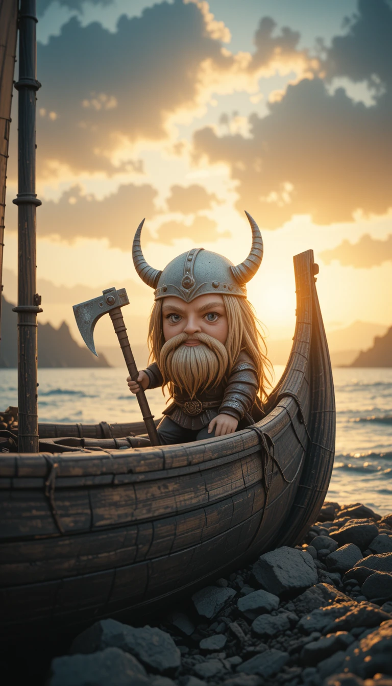 Chibi Viking warrior landing on a rugged sunset shore