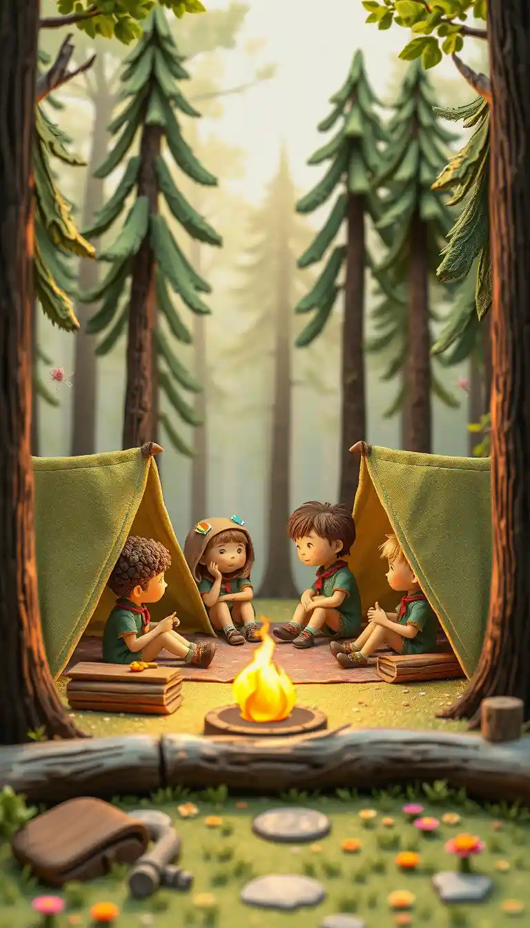 Clay style children camping scene in a flowered forest