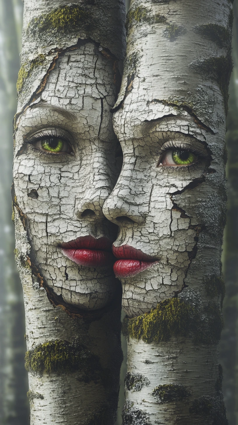 Anthropomorphic birch trees with feminine faces in misty forest