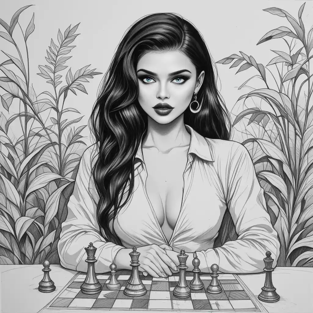 Woman in white shirt playing chess at a table