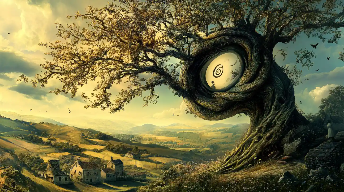 Majestic tree with eye like knot in golden countryside