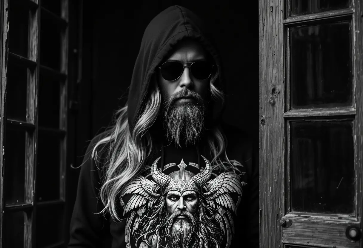 Hooded woman in shadows with silver Odin raven graphic
