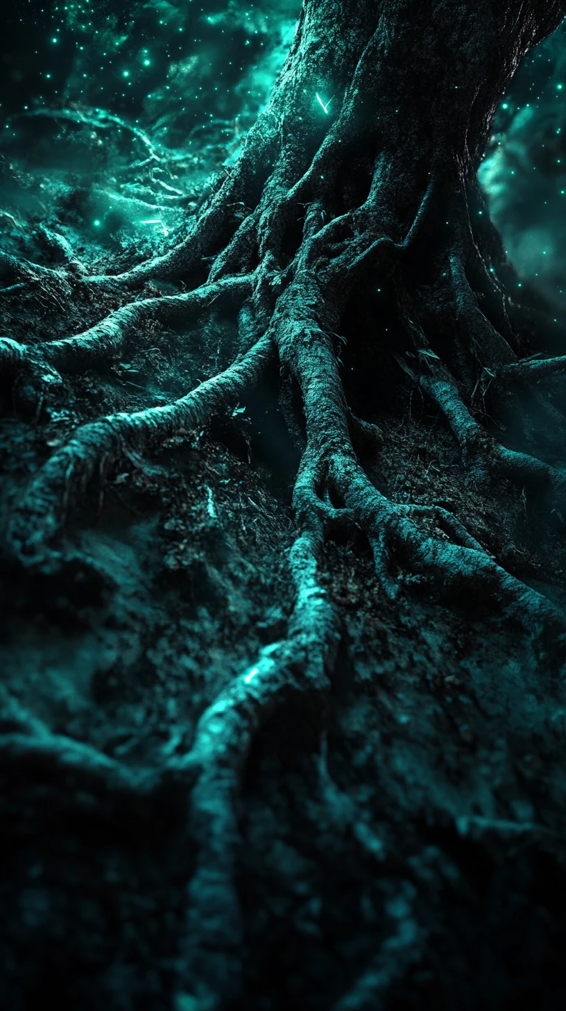 Tree roots divided between life and decay in mystical underground