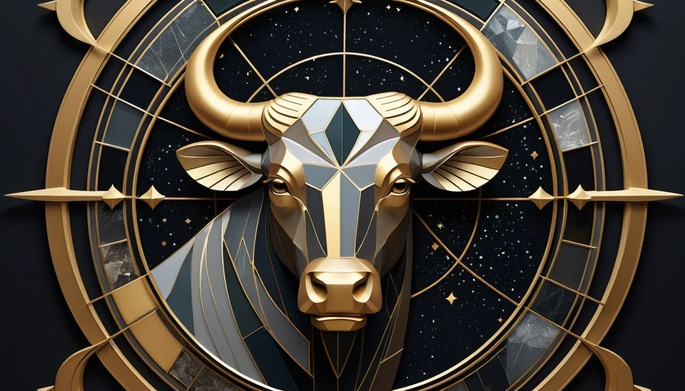 Golden Taurus zodiac emblem on abstract geometric night sky
