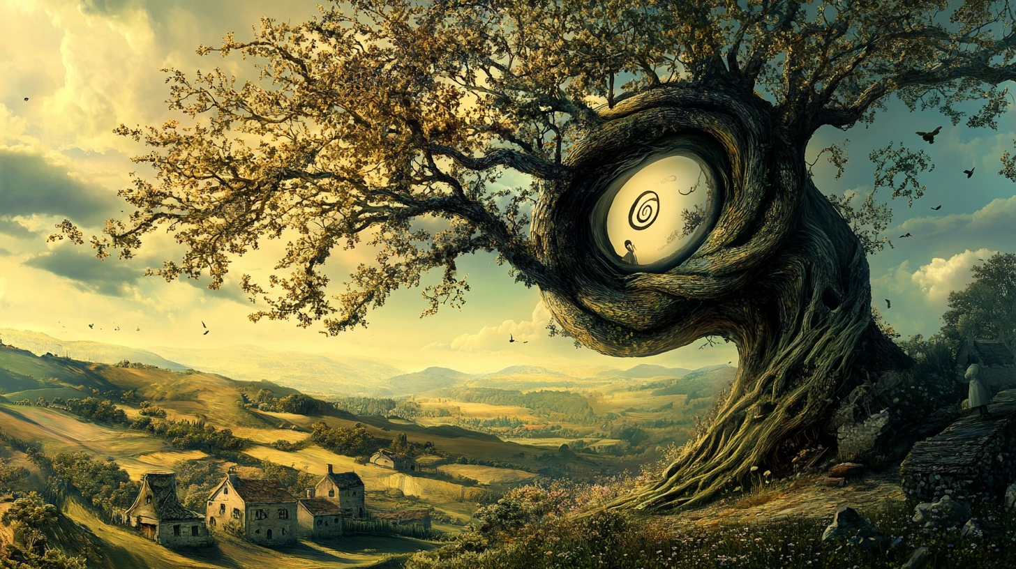 Majestic tree with eye like knot in golden countryside