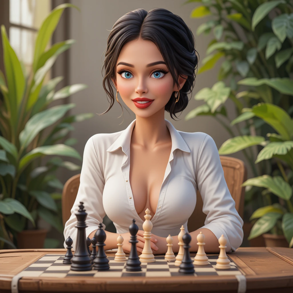 Woman in white shirt playing chess at a table