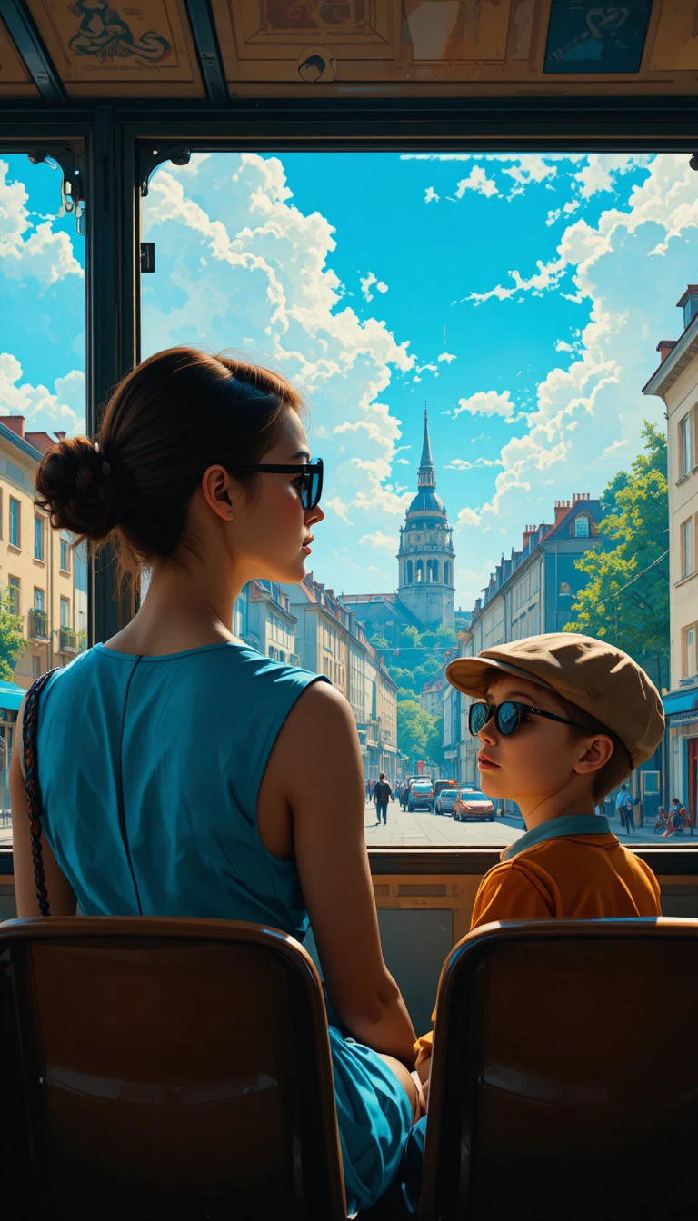Mother and son waiting at a sunlit French city bus stop