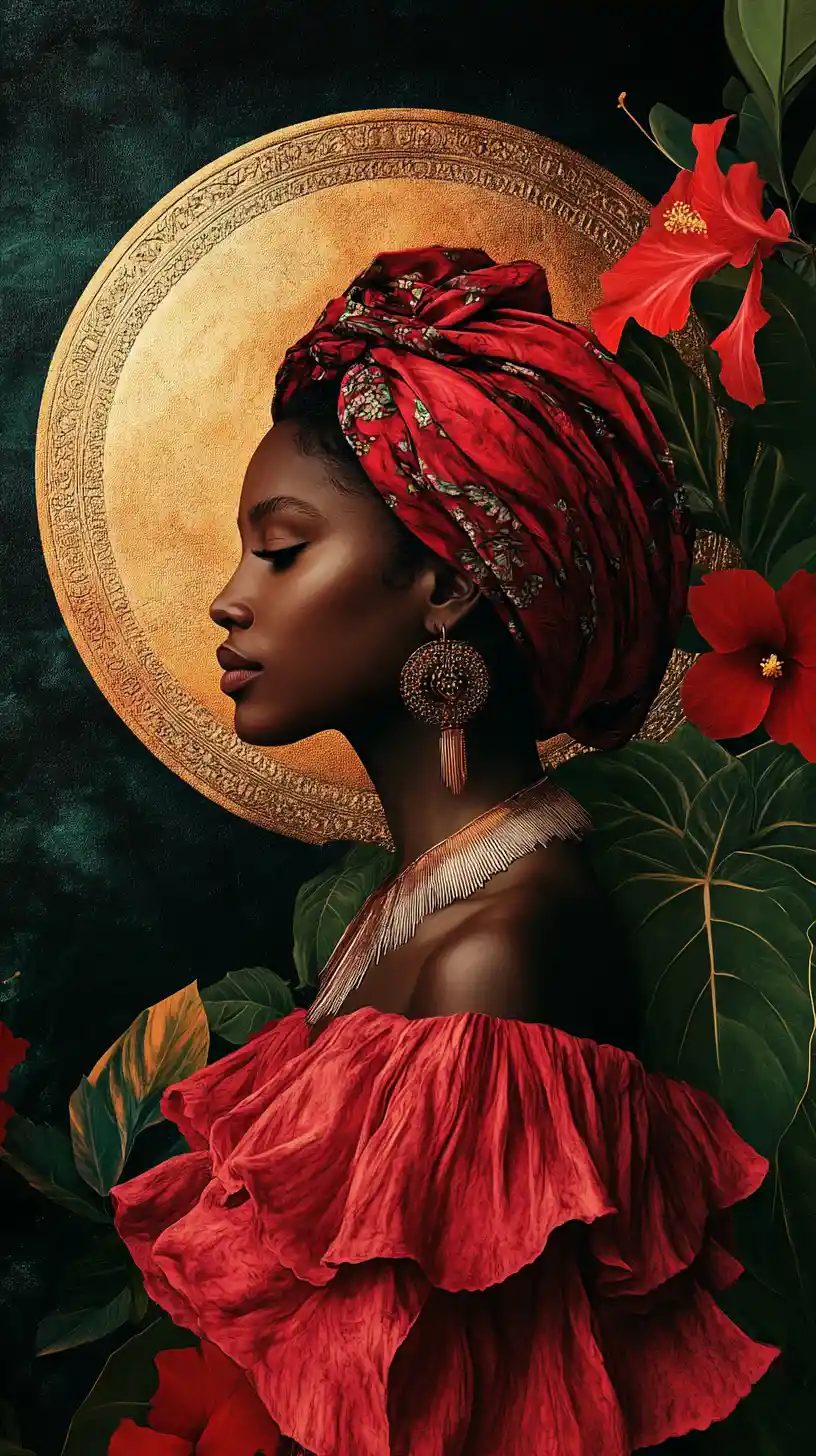 Serene Caribbean woman in profile with floral halo