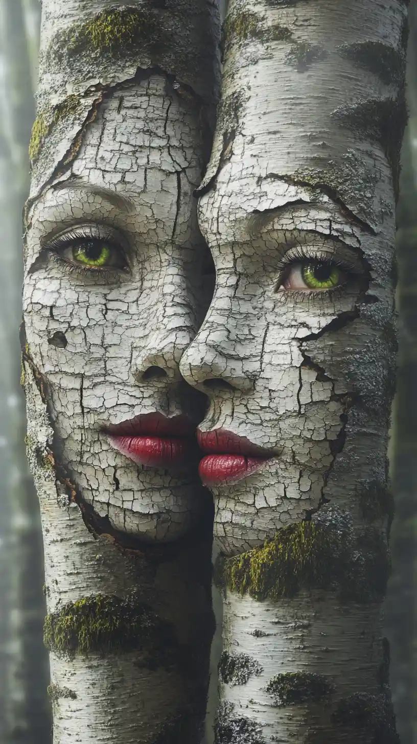 Anthropomorphic birch trees with feminine faces in misty forest