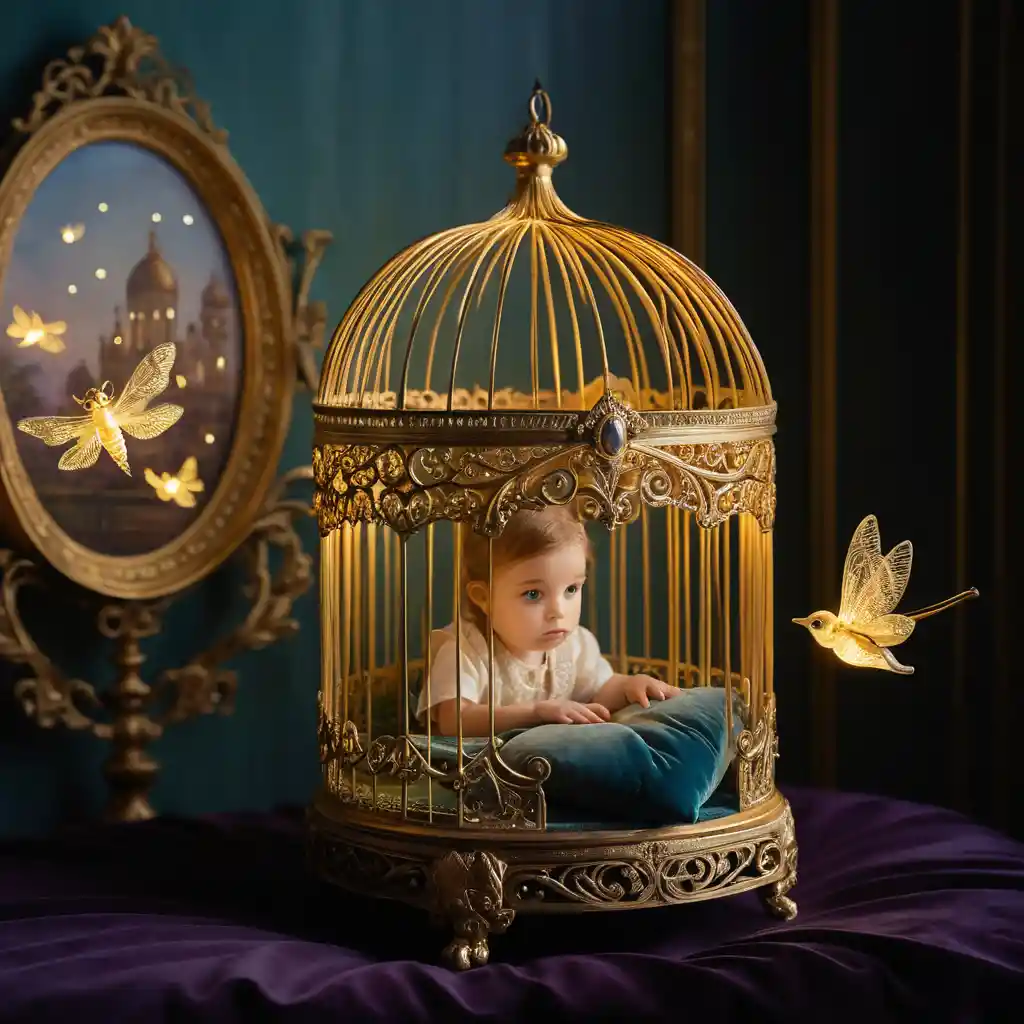 Child gazing at glowing fireflies in an ornate birdcage