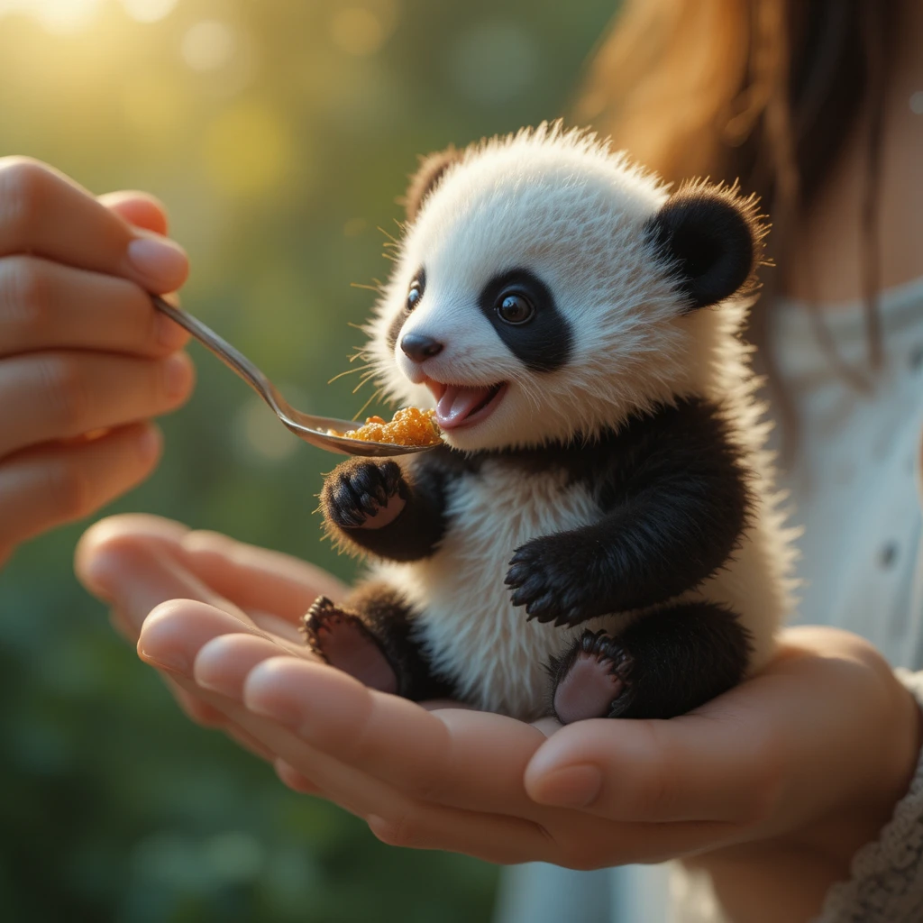 Tiny baby panda eating from a spoon in a hand