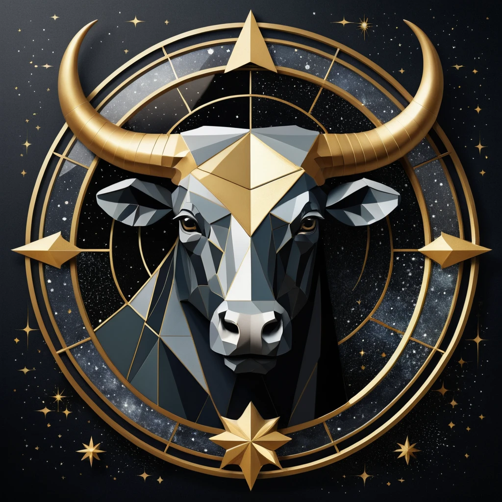 Golden taurus zodiac emblem on abstract starry background