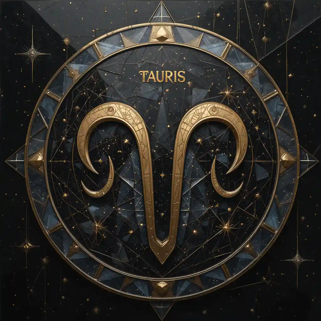 Golden Taurus zodiac emblem on abstract cubist starry background