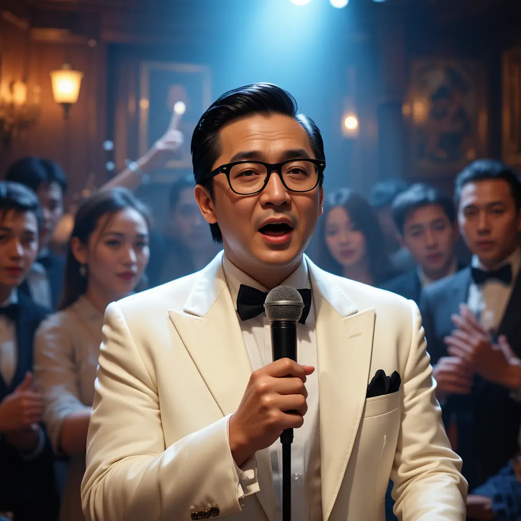 在吵鬧夜店裡演唱的中年華人歌手