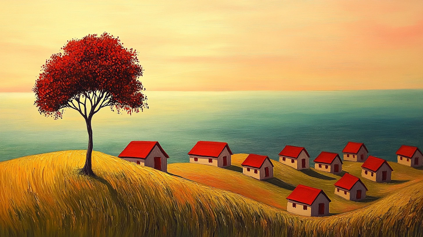 Red roof houses on a cliff edge with a single leaning tree