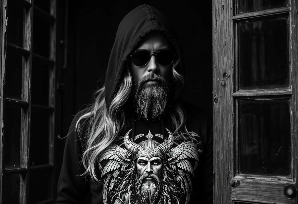 Hooded woman in shadows with silver Odin raven graphic