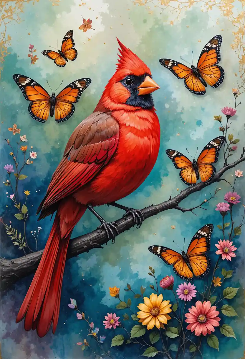 Red cardinal with monarch butterflies in abstract watercolor scene