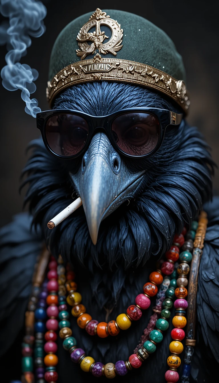 Cartoon raven with beads sunglasses and cigarette in beak