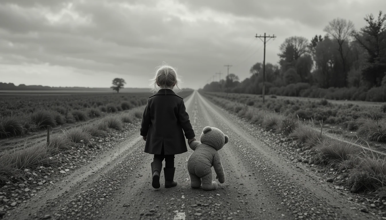 Little girl dragging teddy bear along empty gravel road
